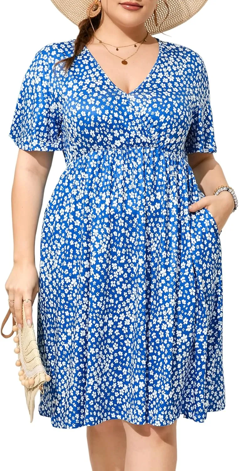 ShopWonder Plus Size Dress Women's V Neck A-Line Knee Length Wrap Swing Dresses Plus Size A Line Party Mini Dress