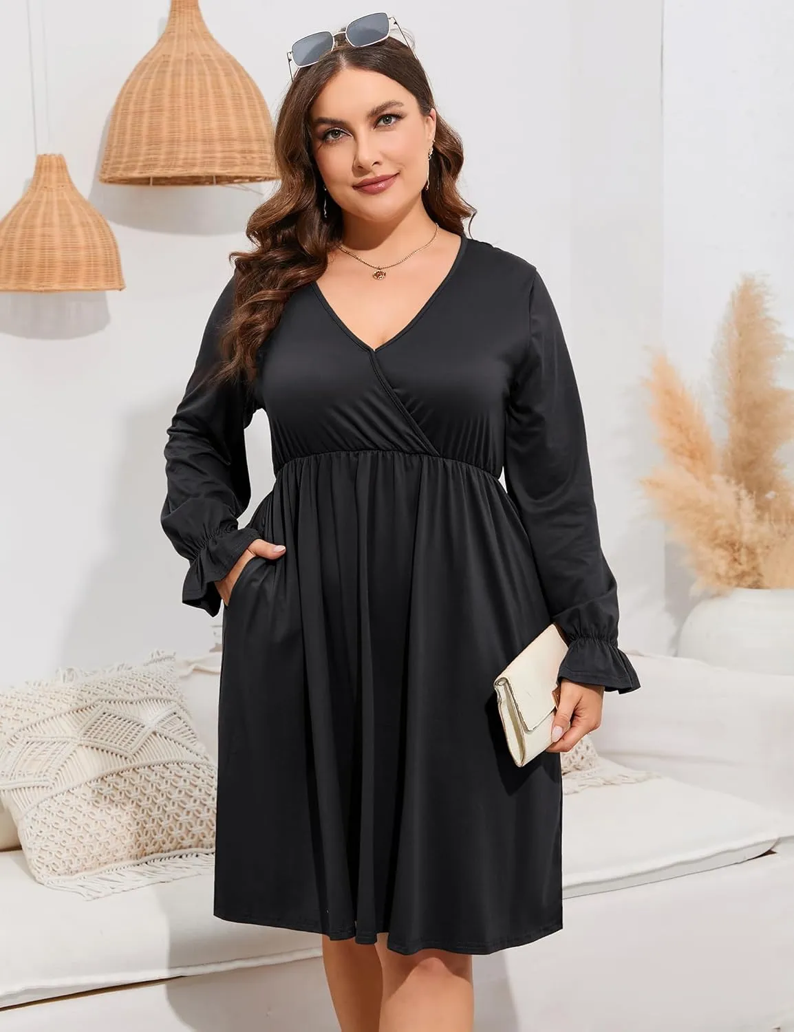 ShopWonder Plus Size Dress Women's V Neck A-Line Knee Length Wrap Swing Dresses Plus Size A Line Party Mini Dress