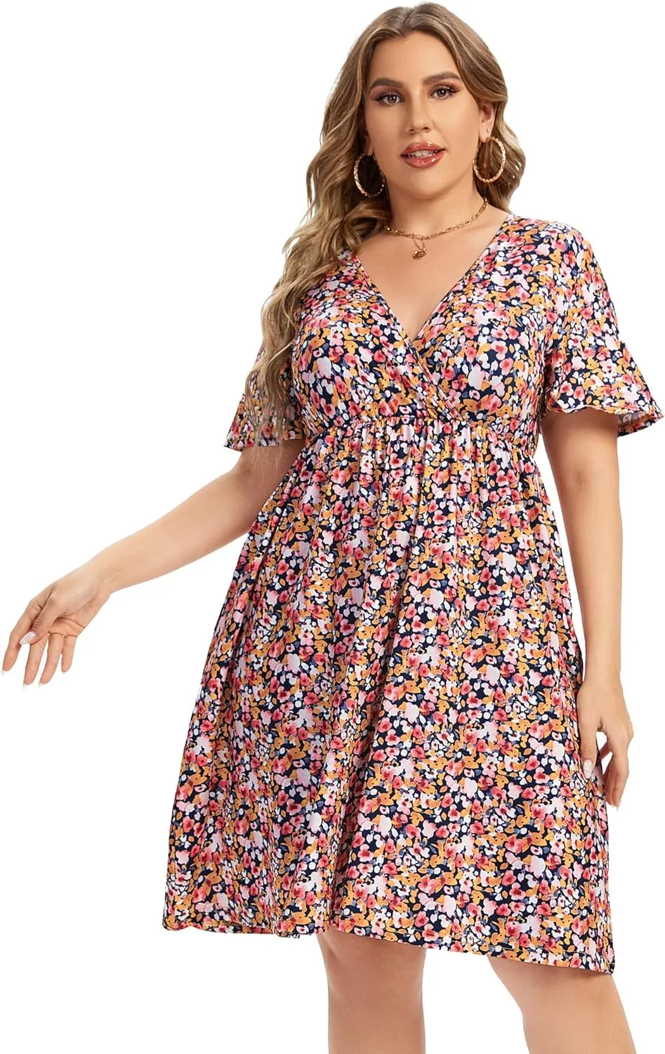ShopWonder Plus Size Dress Women's V Neck A-Line Knee Length Wrap Swing Dresses Plus Size A Line Party Mini Dress