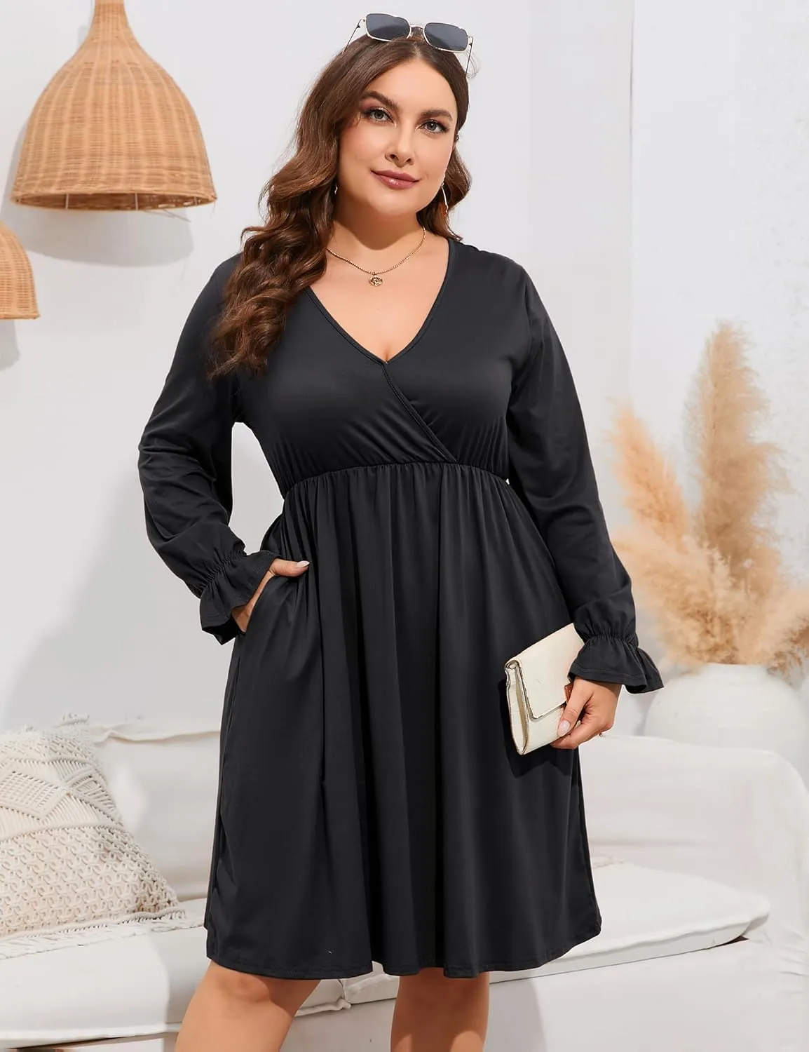 ShopWonder Plus Size Dress Women's V Neck A-Line Knee Length Wrap Swing Dresses Plus Size A Line Party Mini Dress