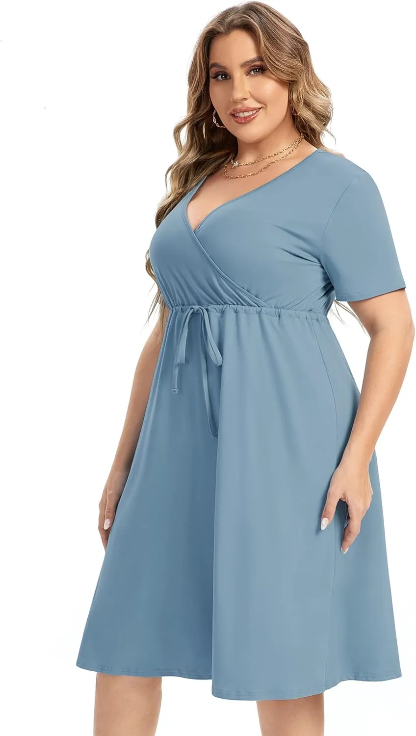ShopWonder Plus Size Dress Women's V Neck A-Line Knee Length Wrap Swing Dresses Plus Size A Line Party Mini Dress