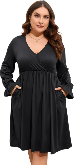 ShopWonder Plus Size Dress Women's V Neck A-Line Knee Length Wrap Swing Dresses Plus Size A Line Party Mini Dress