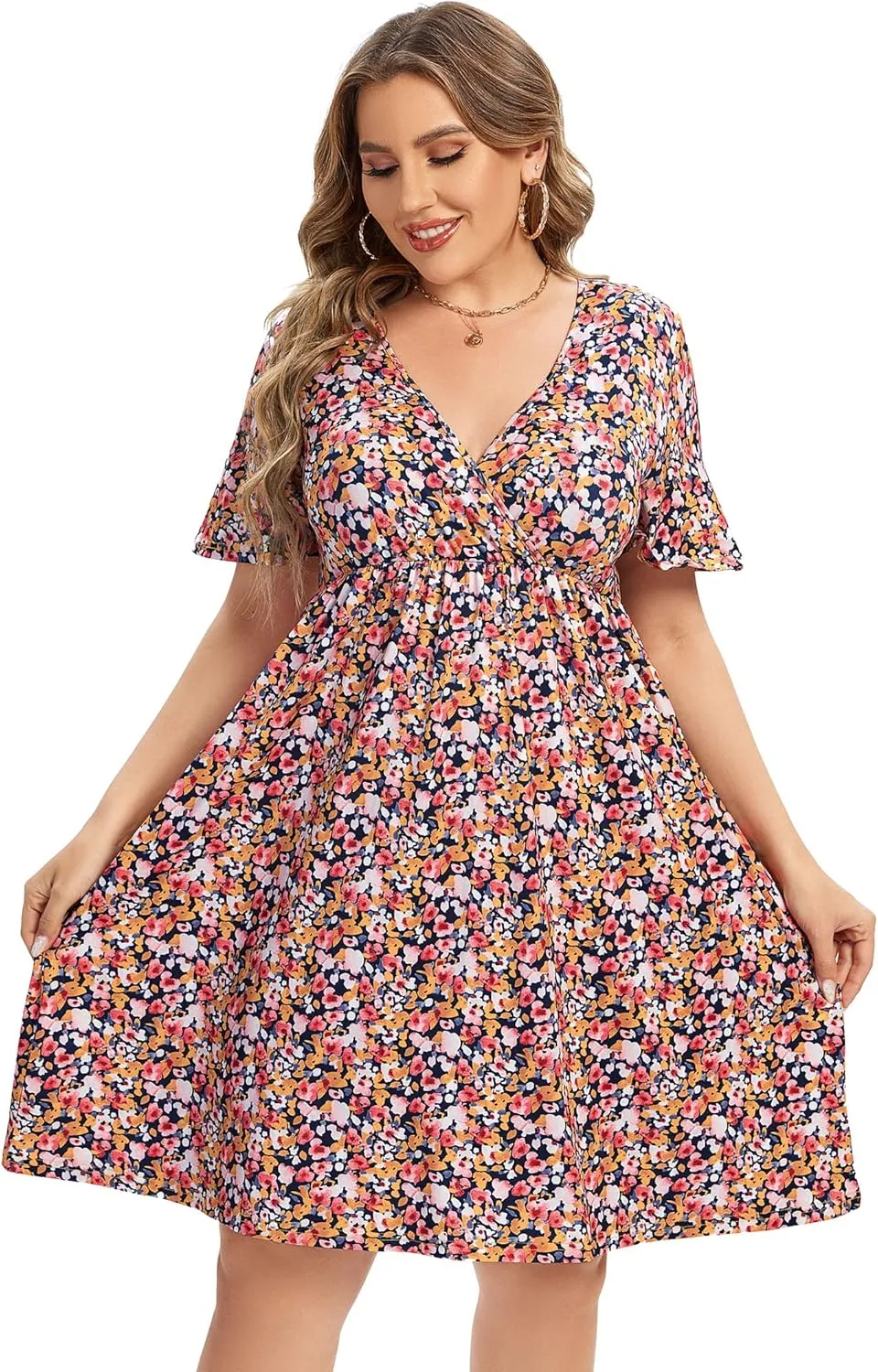 ShopWonder Plus Size Dress Women's V Neck A-Line Knee Length Wrap Swing Dresses Plus Size A Line Party Mini Dress