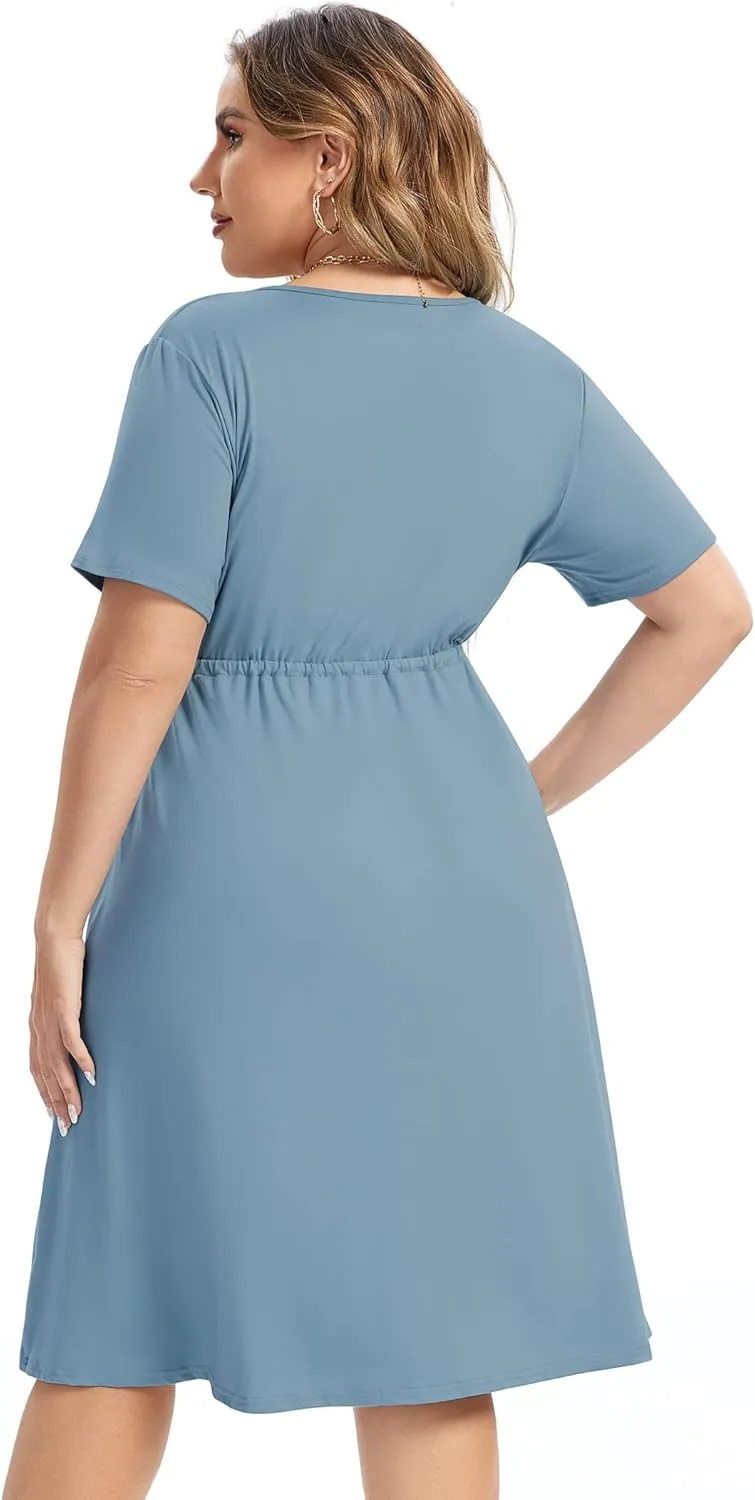 ShopWonder Plus Size Dress Women's V Neck A-Line Knee Length Wrap Swing Dresses Plus Size A Line Party Mini Dress