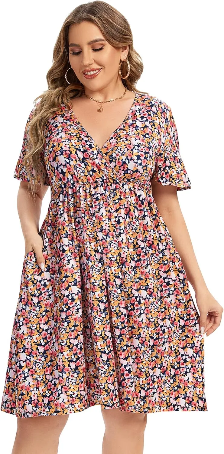 ShopWonder Plus Size Dress Women's V Neck A-Line Knee Length Wrap Swing Dresses Plus Size A Line Party Mini Dress