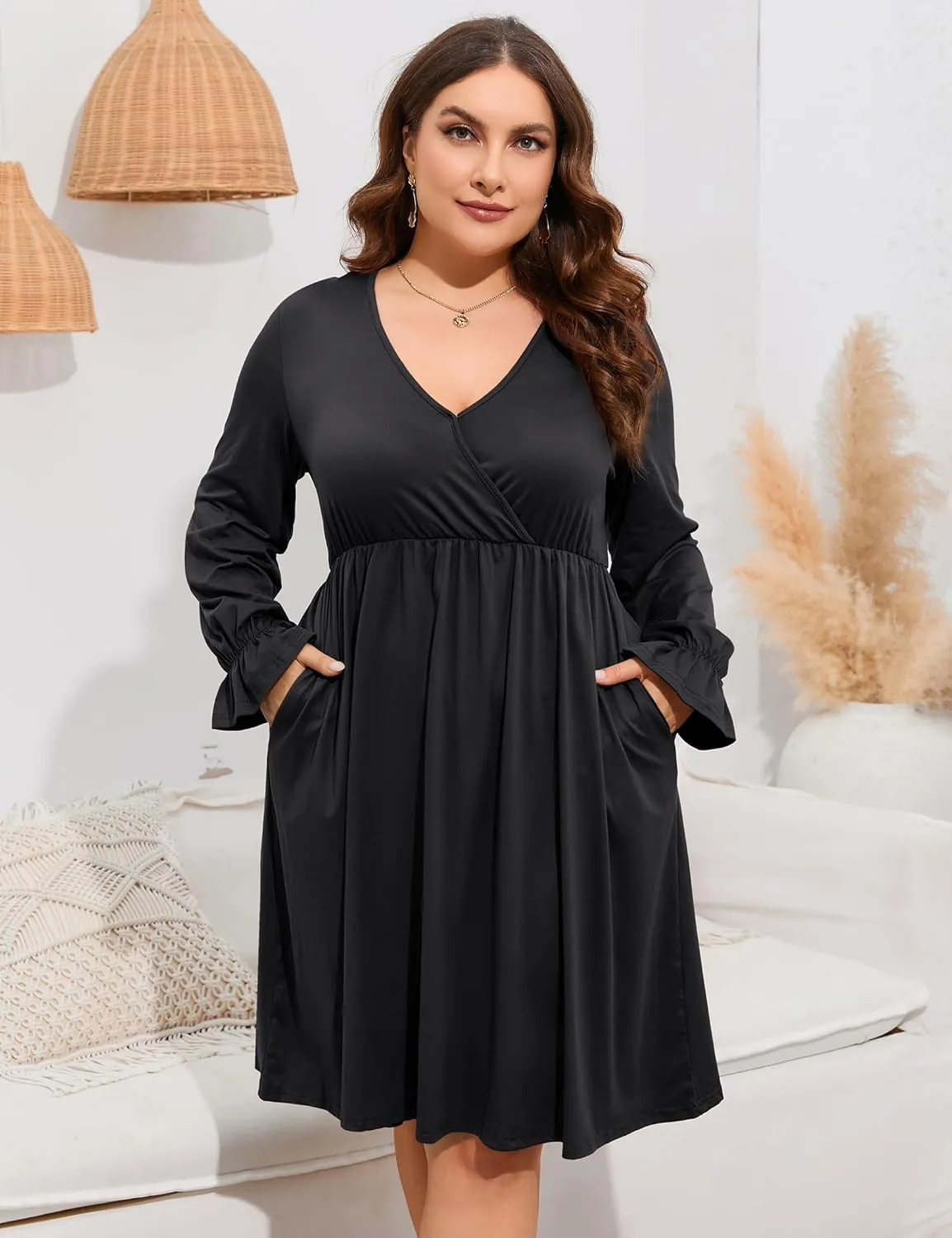 ShopWonder Plus Size Dress Women's V Neck A-Line Knee Length Wrap Swing Dresses Plus Size A Line Party Mini Dress