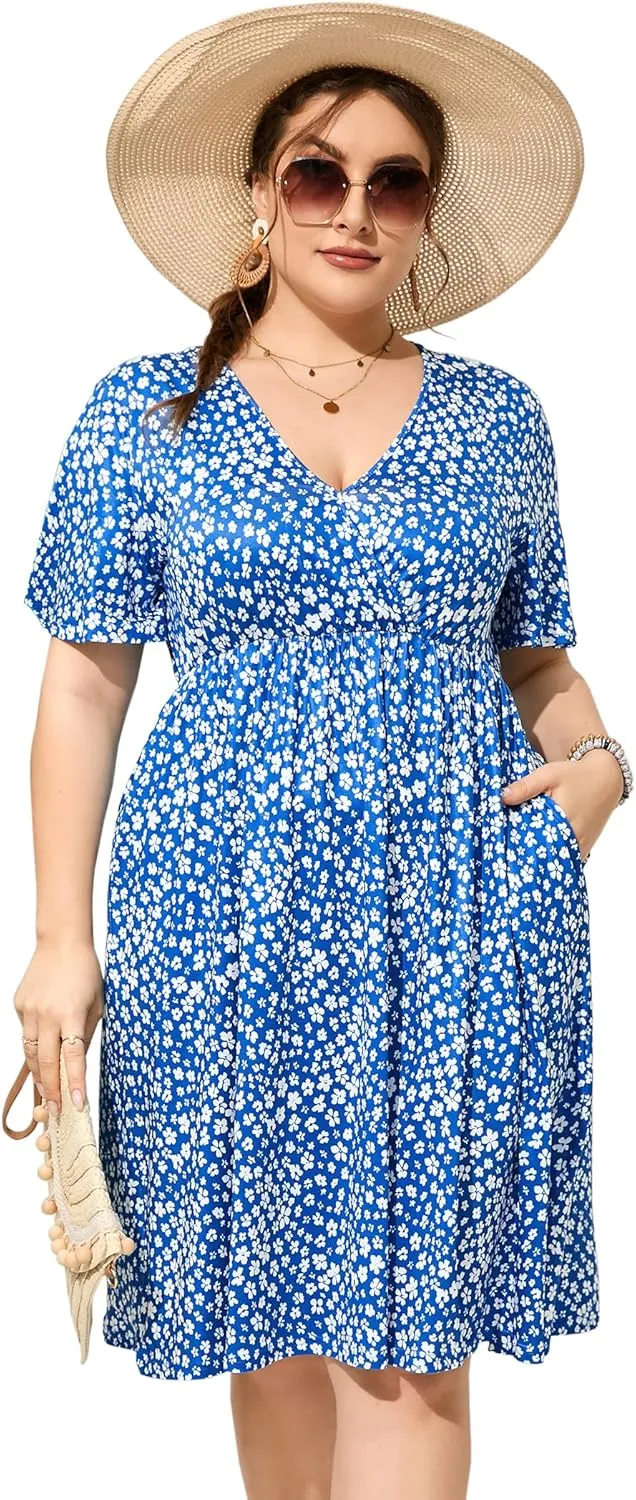 ShopWonder Plus Size Dress Women's V Neck A-Line Knee Length Wrap Swing Dresses Plus Size A Line Party Mini Dress