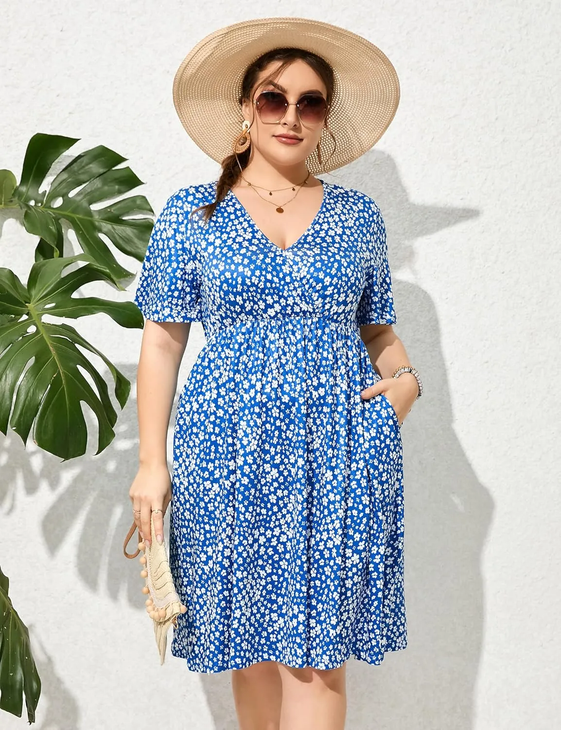 ShopWonder Plus Size Dress Women's V Neck A-Line Knee Length Wrap Swing Dresses Plus Size A Line Party Mini Dress