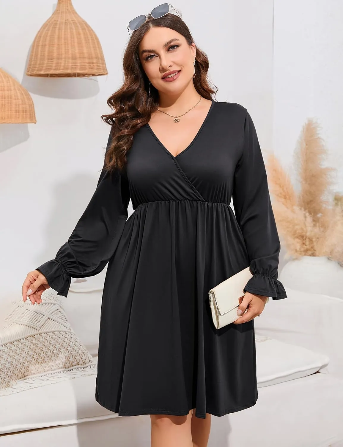 ShopWonder Plus Size Dress Women's V Neck A-Line Knee Length Wrap Swing Dresses Plus Size A Line Party Mini Dress
