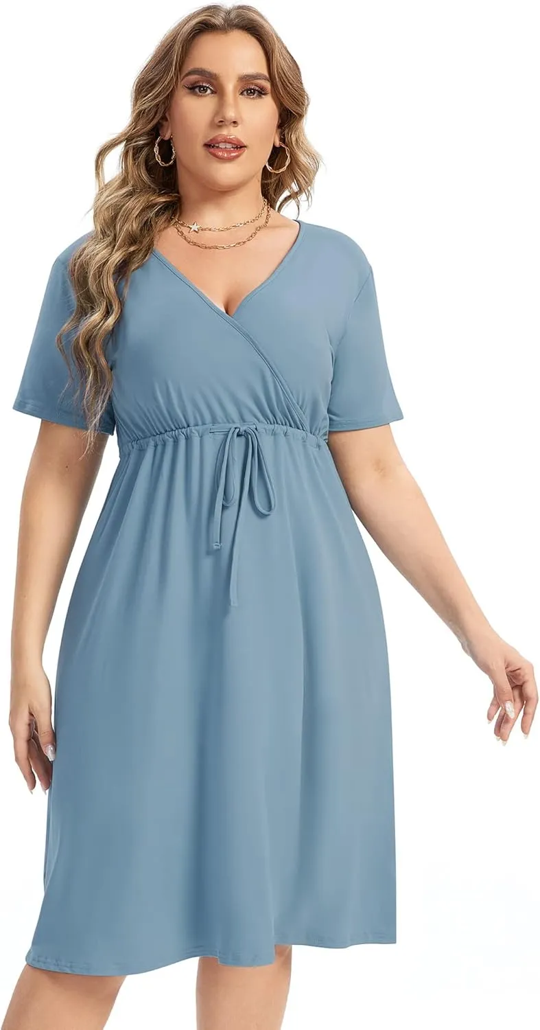 ShopWonder Plus Size Dress Women's V Neck A-Line Knee Length Wrap Swing Dresses Plus Size A Line Party Mini Dress