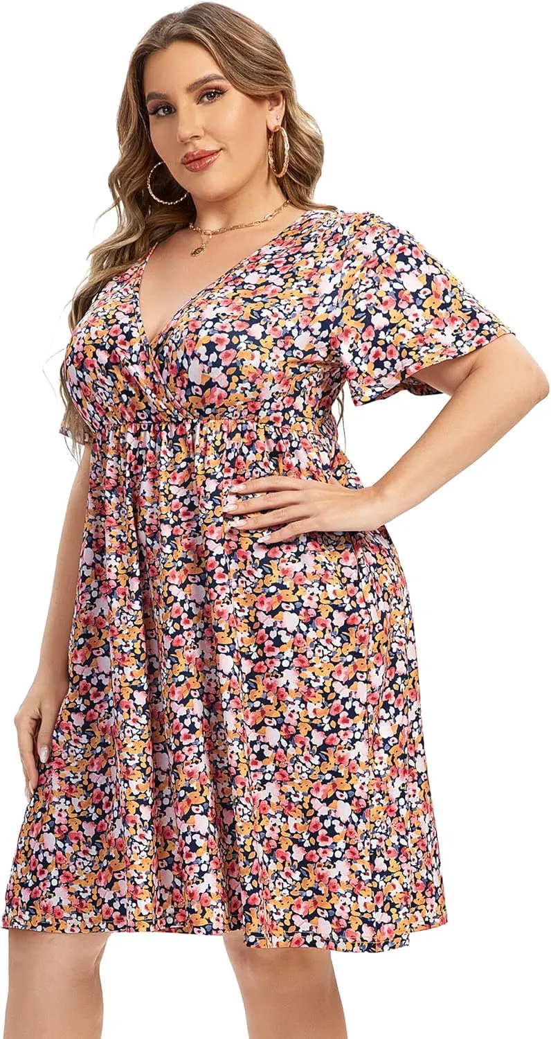 ShopWonder Plus Size Dress Women's V Neck A-Line Knee Length Wrap Swing Dresses Plus Size A Line Party Mini Dress