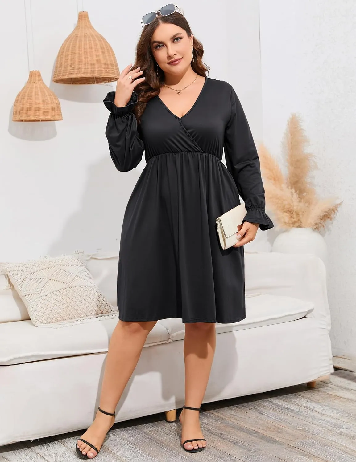 ShopWonder Plus Size Dress Women's V Neck A-Line Knee Length Wrap Swing Dresses Plus Size A Line Party Mini Dress