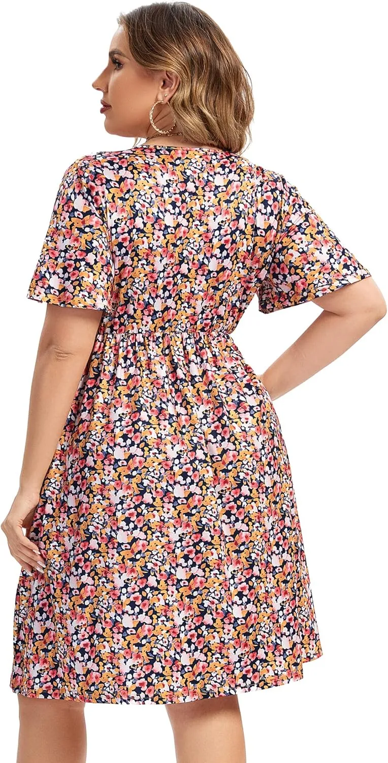 ShopWonder Plus Size Dress Women's V Neck A-Line Knee Length Wrap Swing Dresses Plus Size A Line Party Mini Dress