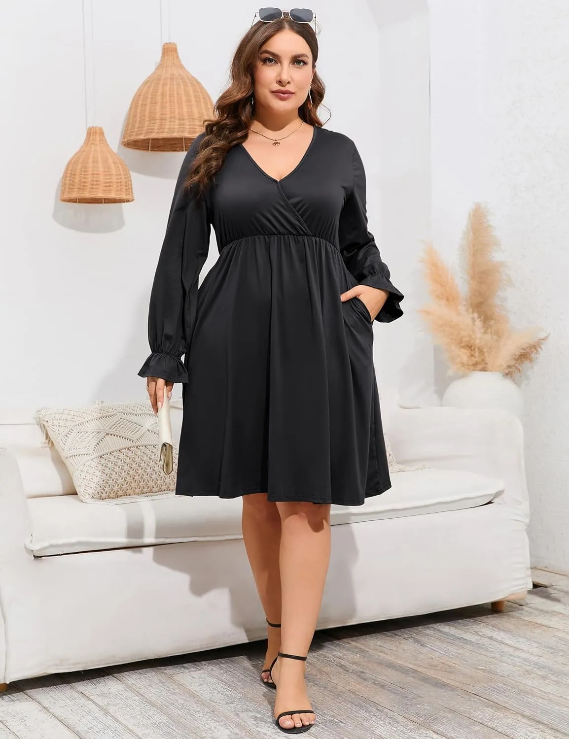 ShopWonder Plus Size Dress Women's V Neck A-Line Knee Length Wrap Swing Dresses Plus Size A Line Party Mini Dress