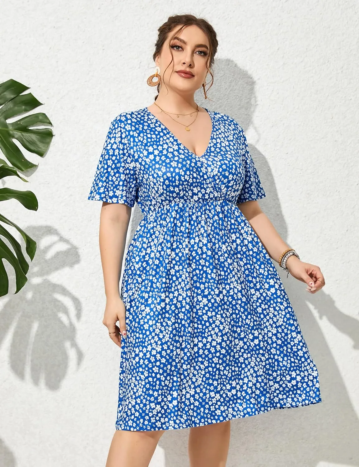 ShopWonder Plus Size Dress Women's V Neck A-Line Knee Length Wrap Swing Dresses Plus Size A Line Party Mini Dress