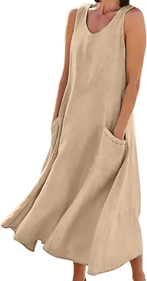 Sleeveless A-Line Dress Women's Summer Casual Sleeveless Long Maxi Beach Dress Cotton Knit Dress Women's Cotton
