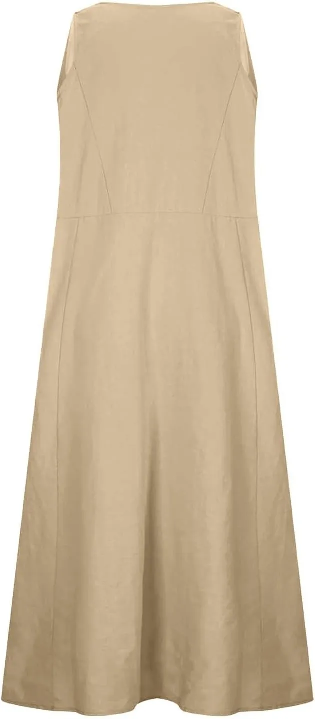 Sleeveless A-Line Dress Women's Summer Casual Sleeveless Long Maxi Beach Dress Cotton Knit Dress Women's Cotton