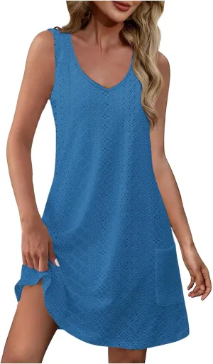 Sleeveless Sundresses for Women 2025 V Neck Casual Eyelet Solid Color Dress with Pocket A Line Summer Beach Dresses