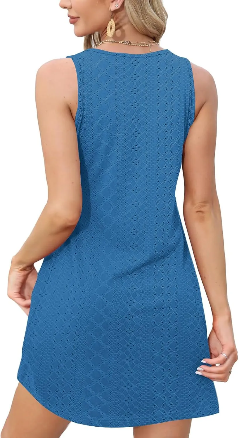 Sleeveless Sundresses for Women 2025 V Neck Casual Eyelet Solid Color Dress with Pocket A Line Summer Beach Dresses