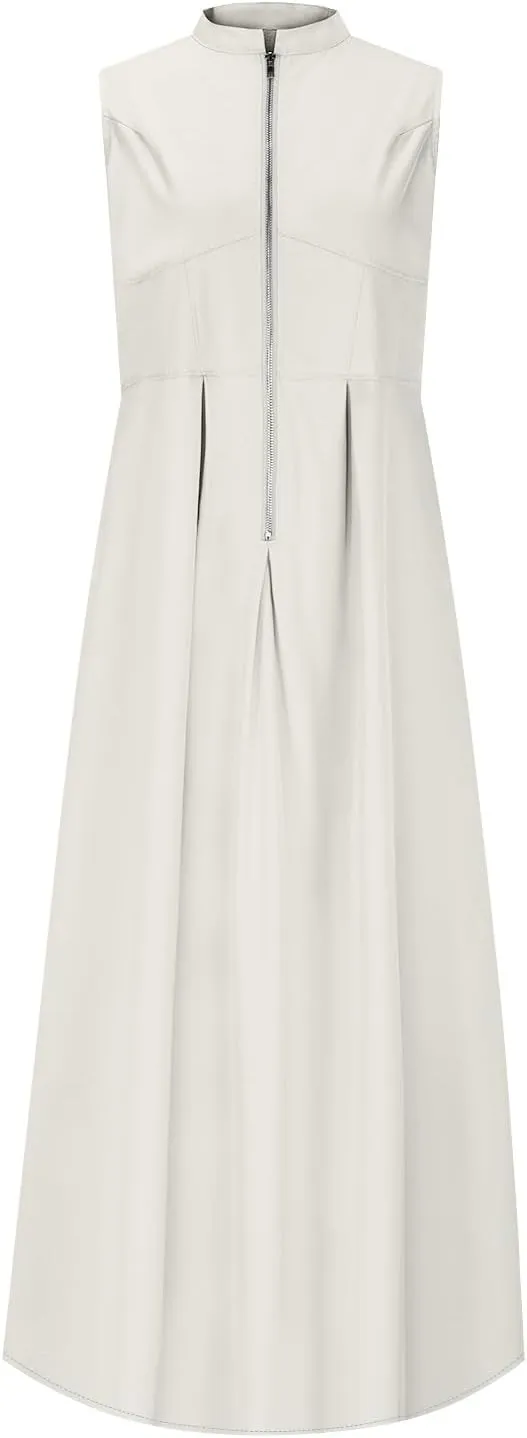 Sleeveless Zip Dress for Women Summer Casual Shift A-Line Dress Shift with Pleats