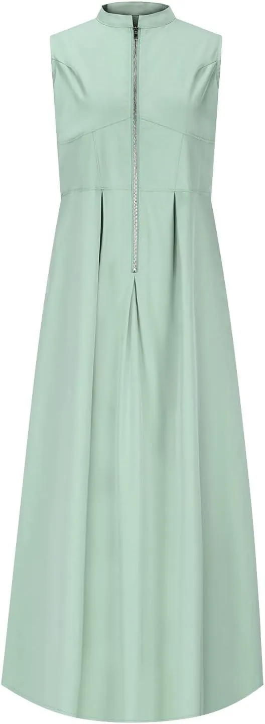 Sleeveless Zip Dress for Women Summer Casual Shift A-Line Dress Shift with Pleats