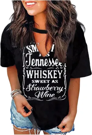 Smooth as Tennessee Whiskey Sweet as Strawberry Wine Shirt Women Country Music Tee Letter Print Drinking T-Shirt