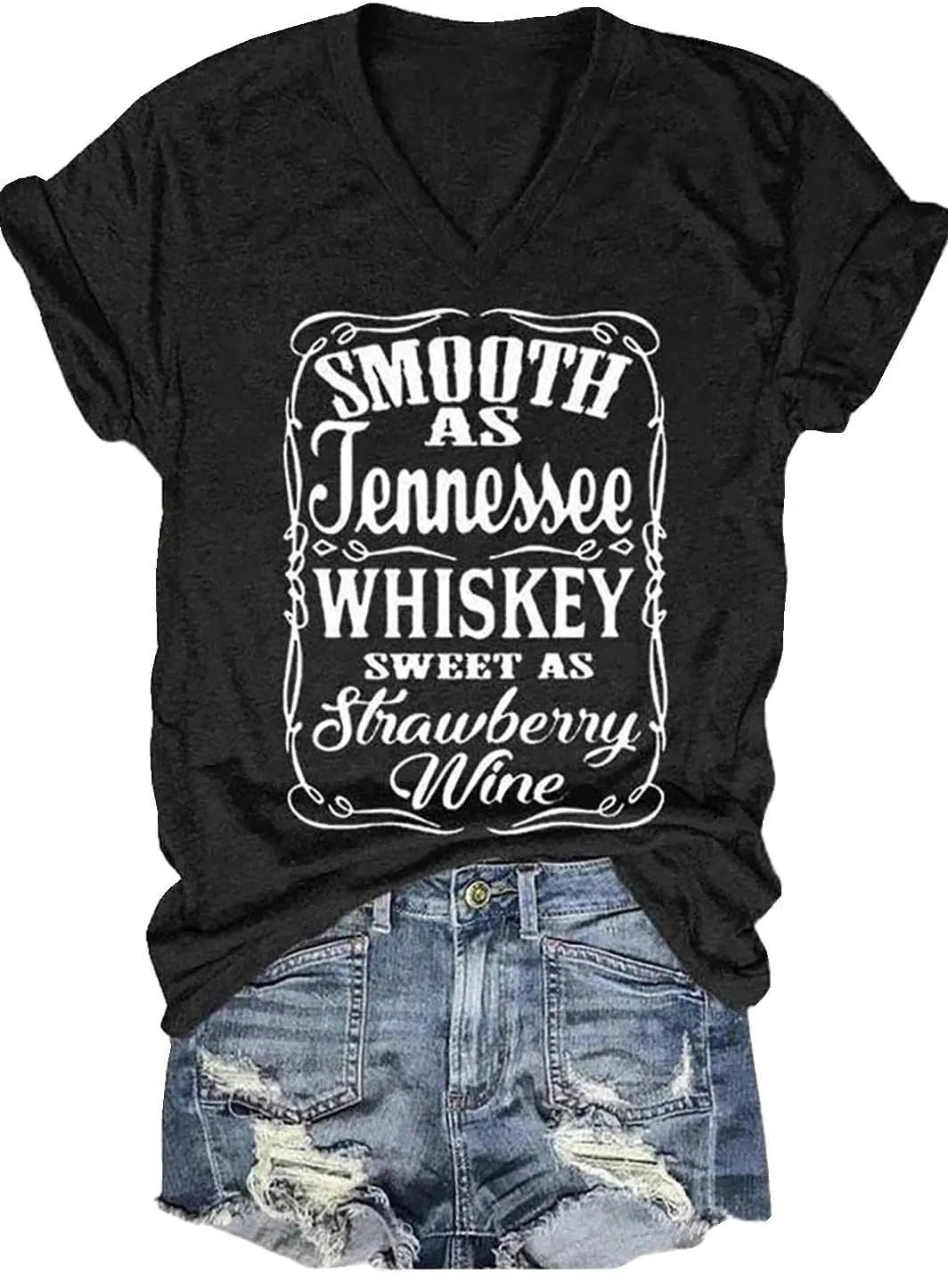 Smooth as Tennessee Whiskey Sweet as Strawberry Wine T Shirt Women V-Neck Country Music Tee Tops Drinking Blouse