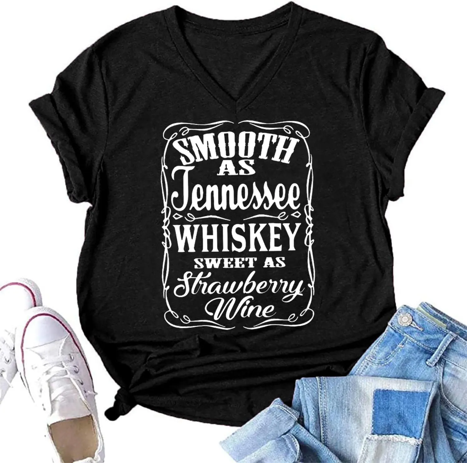 Smooth as Tennessee Whiskey Sweet as Strawberry Wine T Shirt Women V-Neck Country Music Tee Tops Drinking Blouse