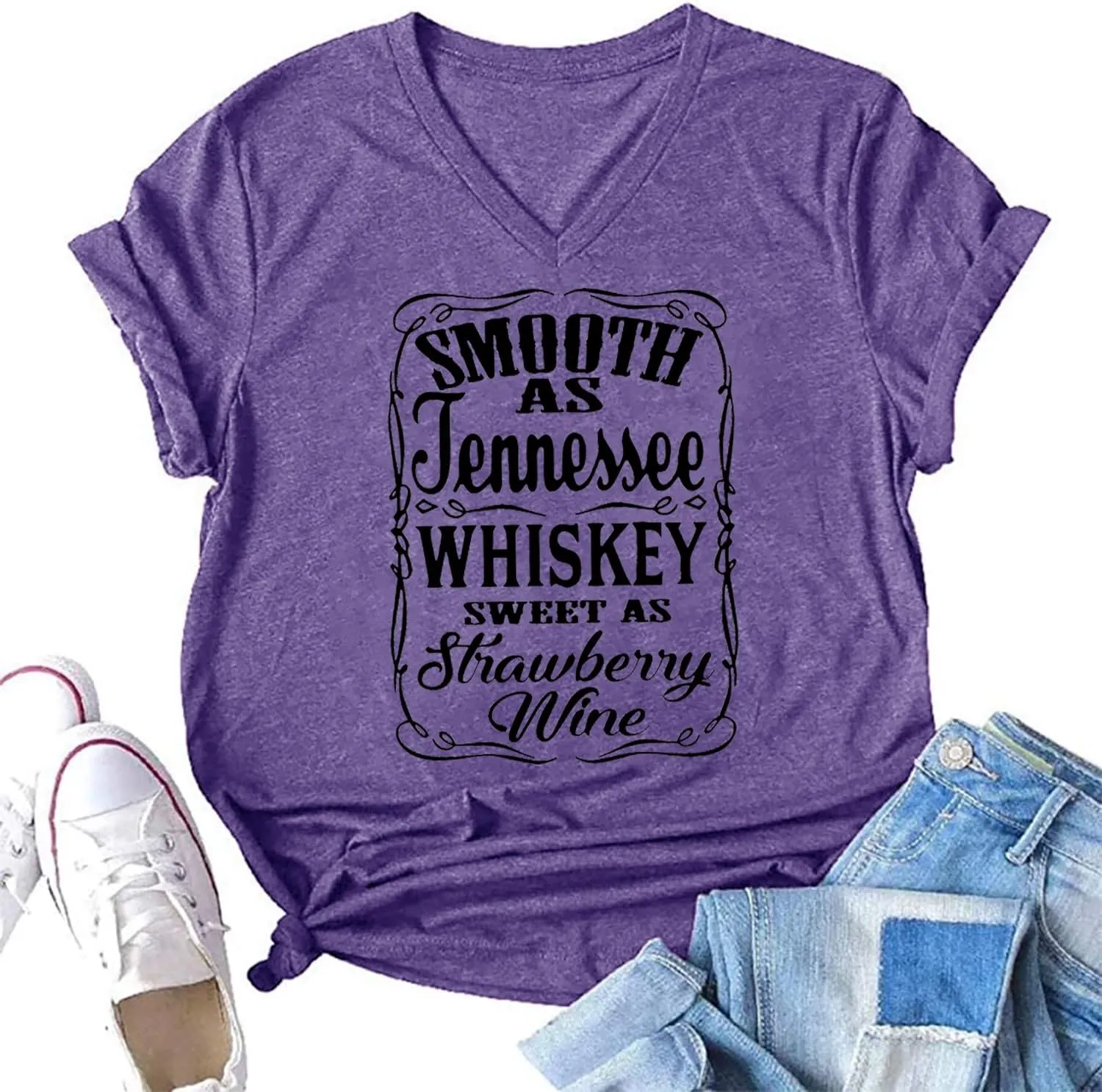 Smooth as Tennessee Whiskey Sweet as Strawberry Wine T Shirt Women V-Neck Country Music Tee Tops Drinking Blouse