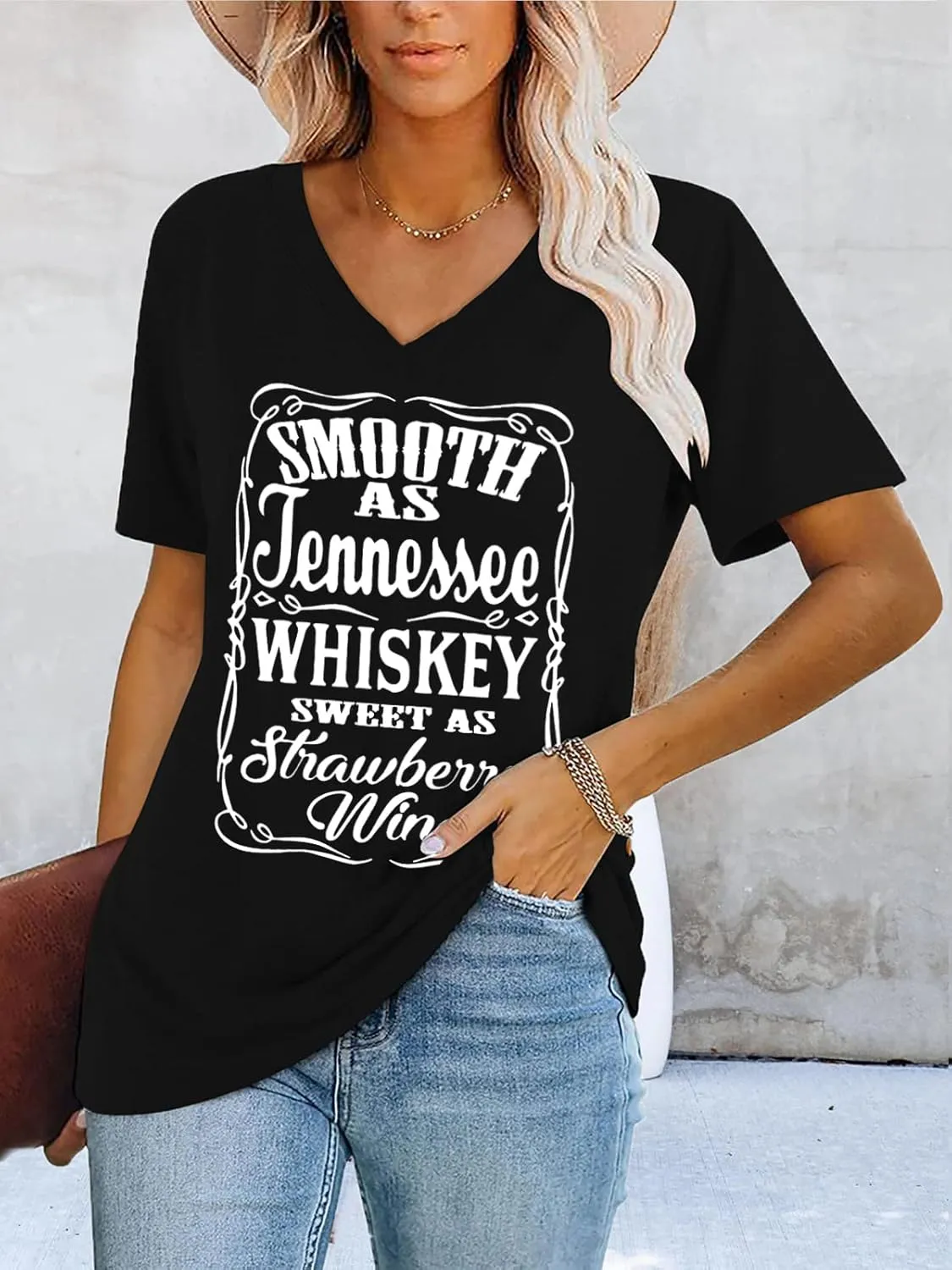 Smooth as Tennessee Whiskey Sweet as Strawberry Wine T Shirt Women V-Neck Country Music Tee Tops Drinking Blouse
