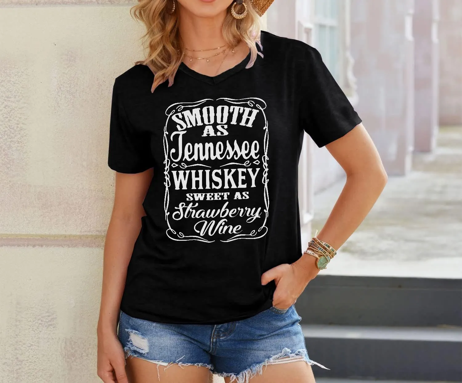 Smooth as Tennessee Whiskey Sweet as Strawberry Wine T Shirt Women V-Neck Country Music Tee Tops Drinking Blouse