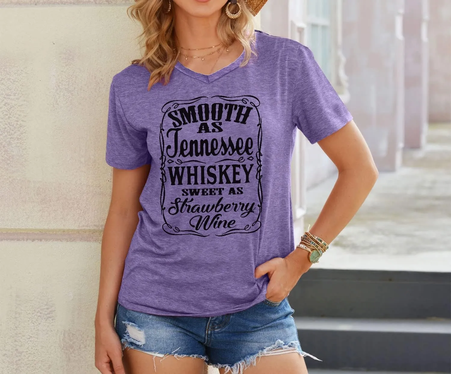 Smooth as Tennessee Whiskey Sweet as Strawberry Wine T Shirt Women V-Neck Country Music Tee Tops Drinking Blouse