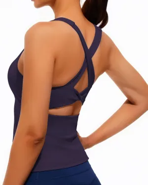 Smooth Workout Tank Top with Built-in Bra for Women – Cross Back Athletic Yoga Tops Breathable Stretchy Gym Pilates