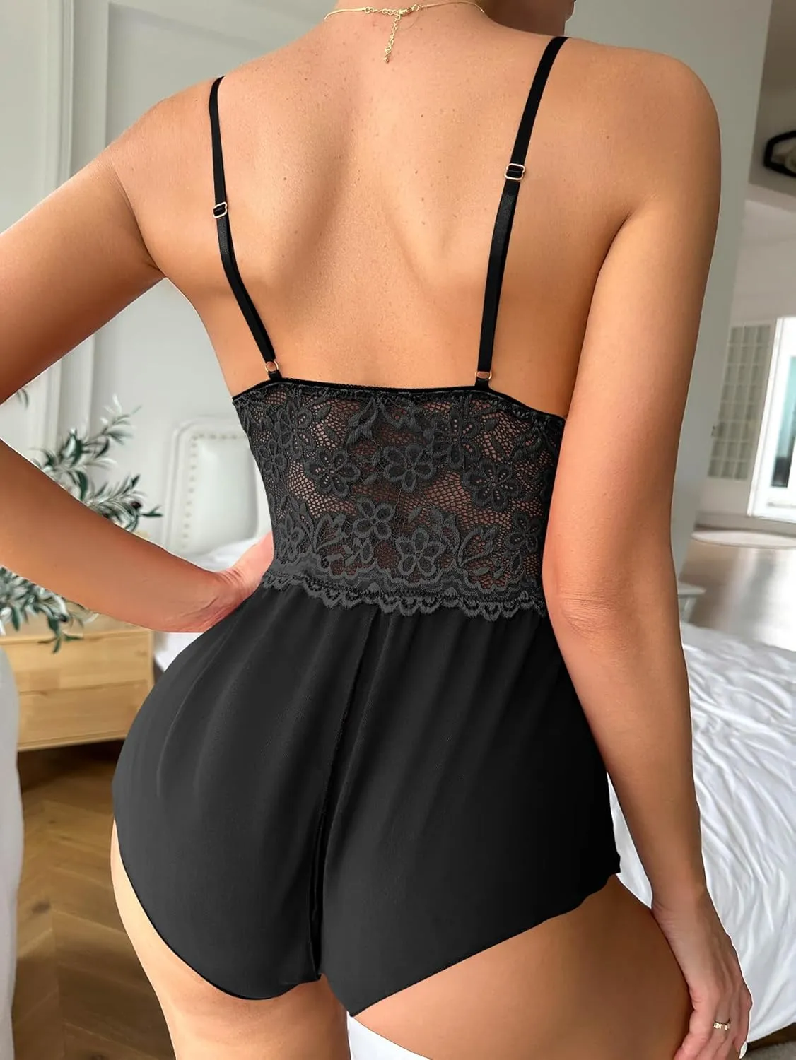 SOLY HUX Women's Lace Teddy Lingerie Spaghetti Strap Bodysuit Babydoll Sleepwear