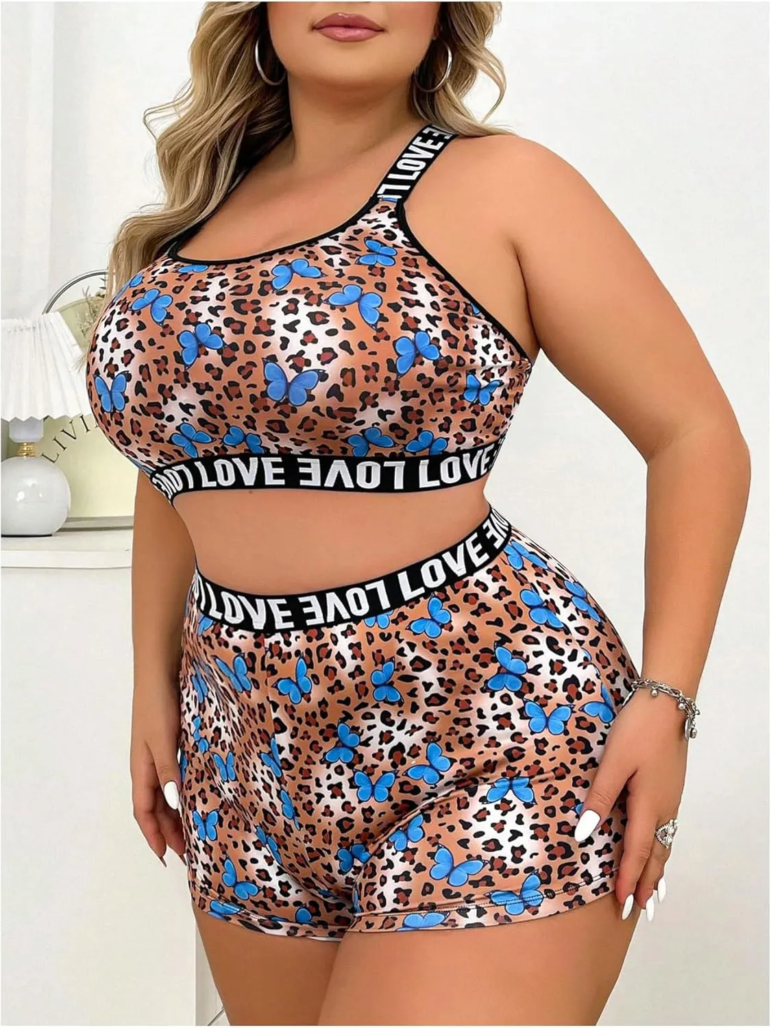 SOLY HUX Women's Plus Size Leopard Print Tummy Control Lingerie Set Wireless Bra and Panty 2 Piece Cheetah Underwear