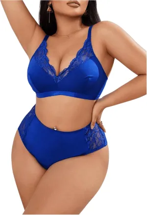 SOLY HUX Women's Plus Size Lingerie Set Deep V Wireless Bra and Panty Set Lace Boudoir Outfits 2 Piece
