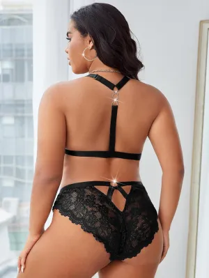 SOLY HUX Women's Plus Size Lingerie Set Floral Lace Bow Front Wireless Bra Bralette and Panty Two Piece Set