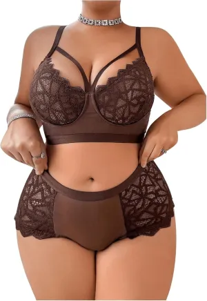 SOLY HUX Women's Plus Size Sheer Lace Lingerie Wireless Bra and Panty 2 Piece Underwear Set
