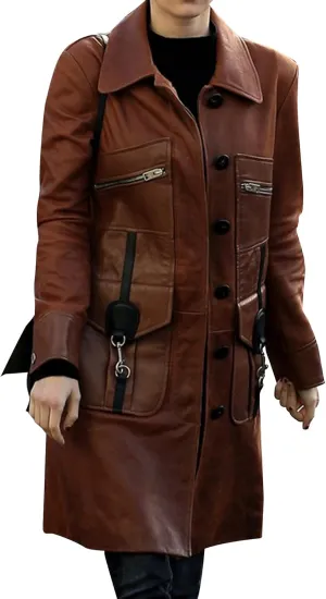 SpazeUp Women Classic Brown Leather Trench Coat - Classic Mid-Length Designer Real Leather Long Jacket Women
