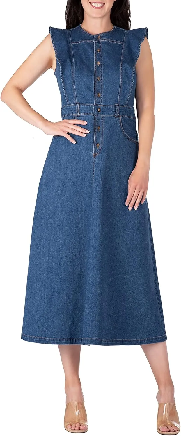 Standards & Practices Women's Ruffle Sleeveless A-Line Midi Denim Dress