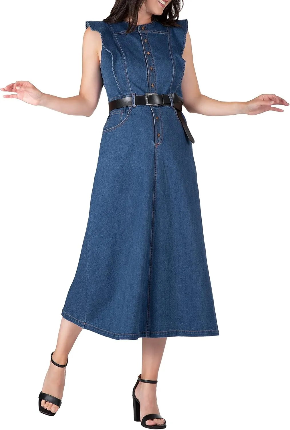 Standards & Practices Women's Ruffle Sleeveless A-Line Midi Denim Dress
