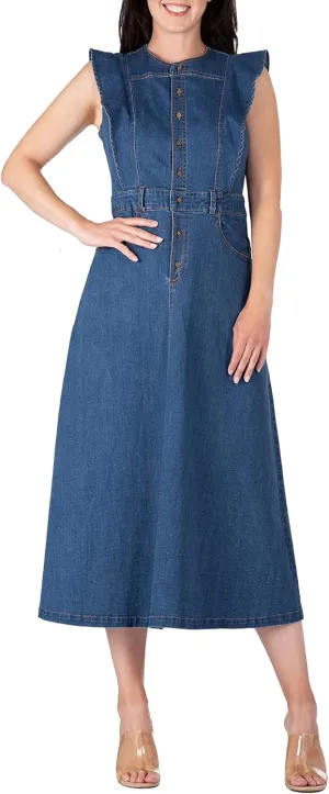 Standards & Practices Women's Ruffle Sleeveless A-Line Midi Denim Dress