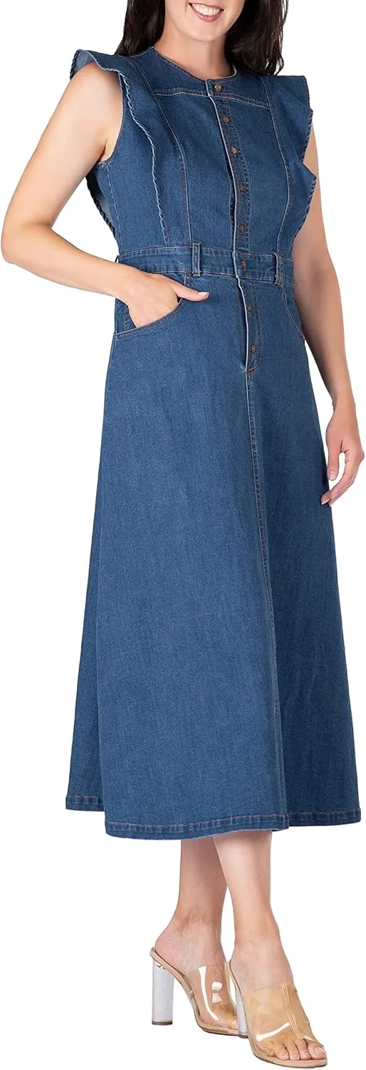 Standards & Practices Women's Ruffle Sleeveless A-Line Midi Denim Dress