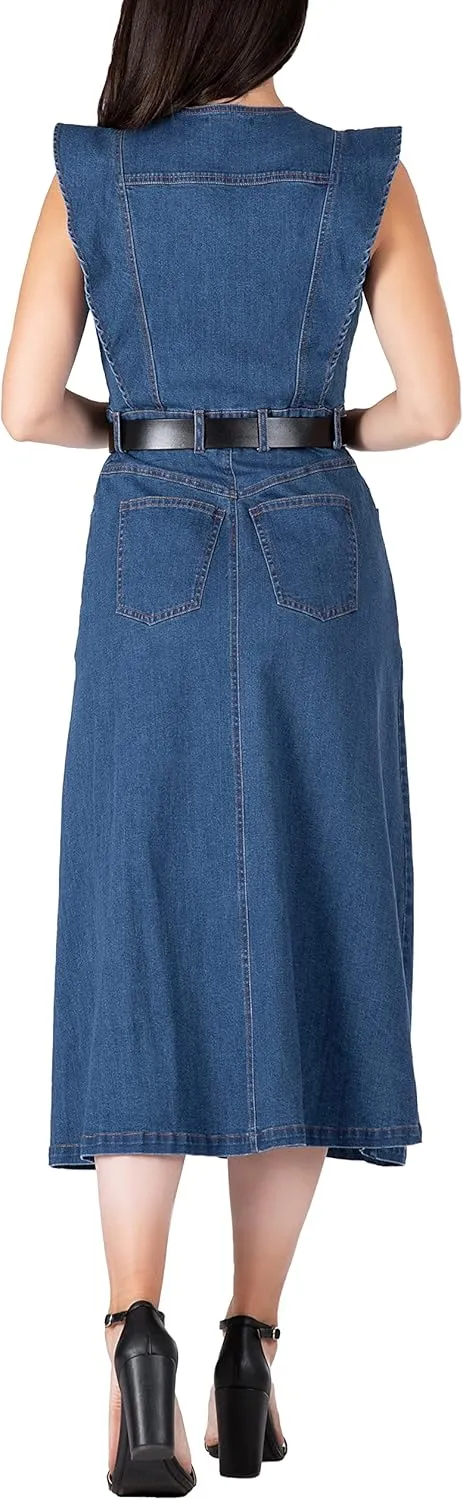 Standards & Practices Women's Ruffle Sleeveless A-Line Midi Denim Dress