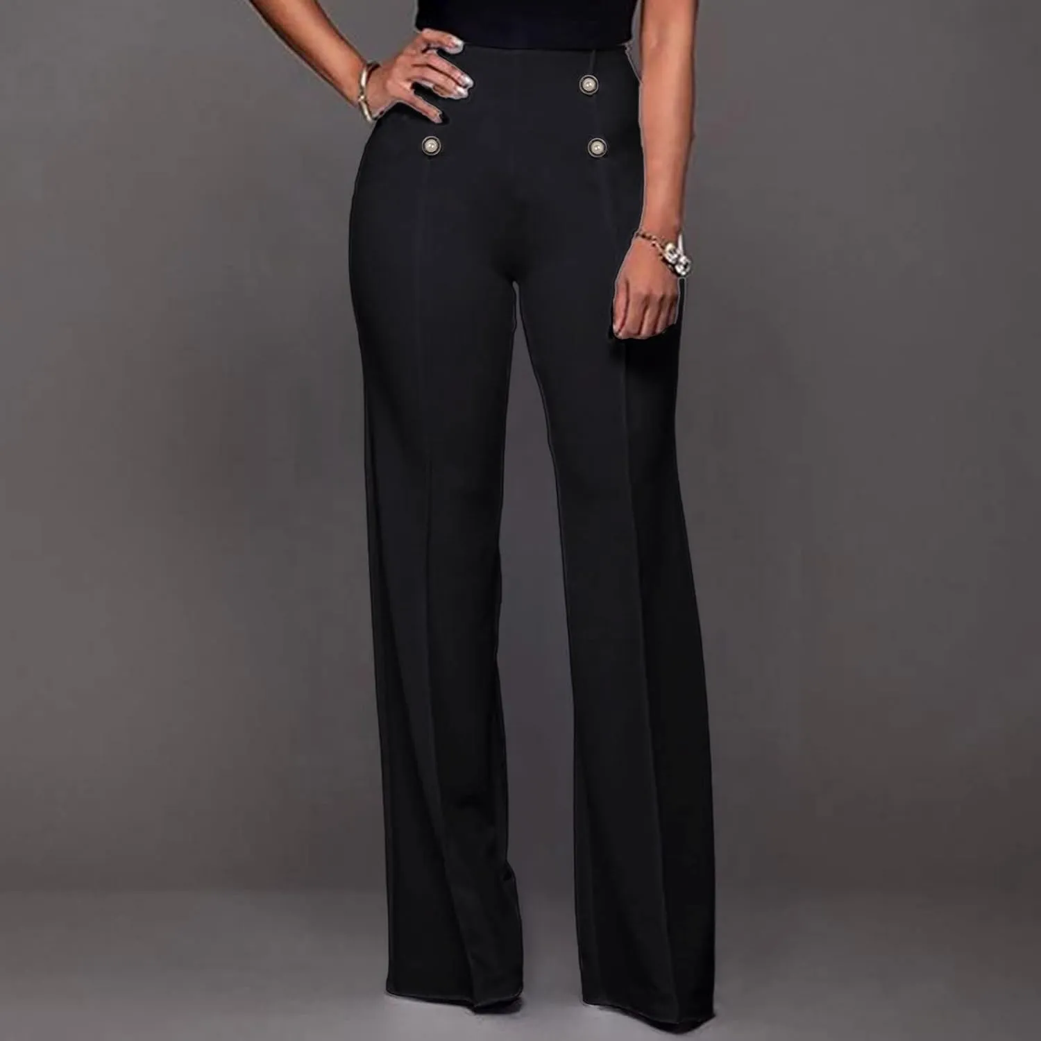 Stylish Elastic High Waist Straight Wide Leg Trousers for Womens Casual Lightweight Solid Color Soft Comfortable Button Pants