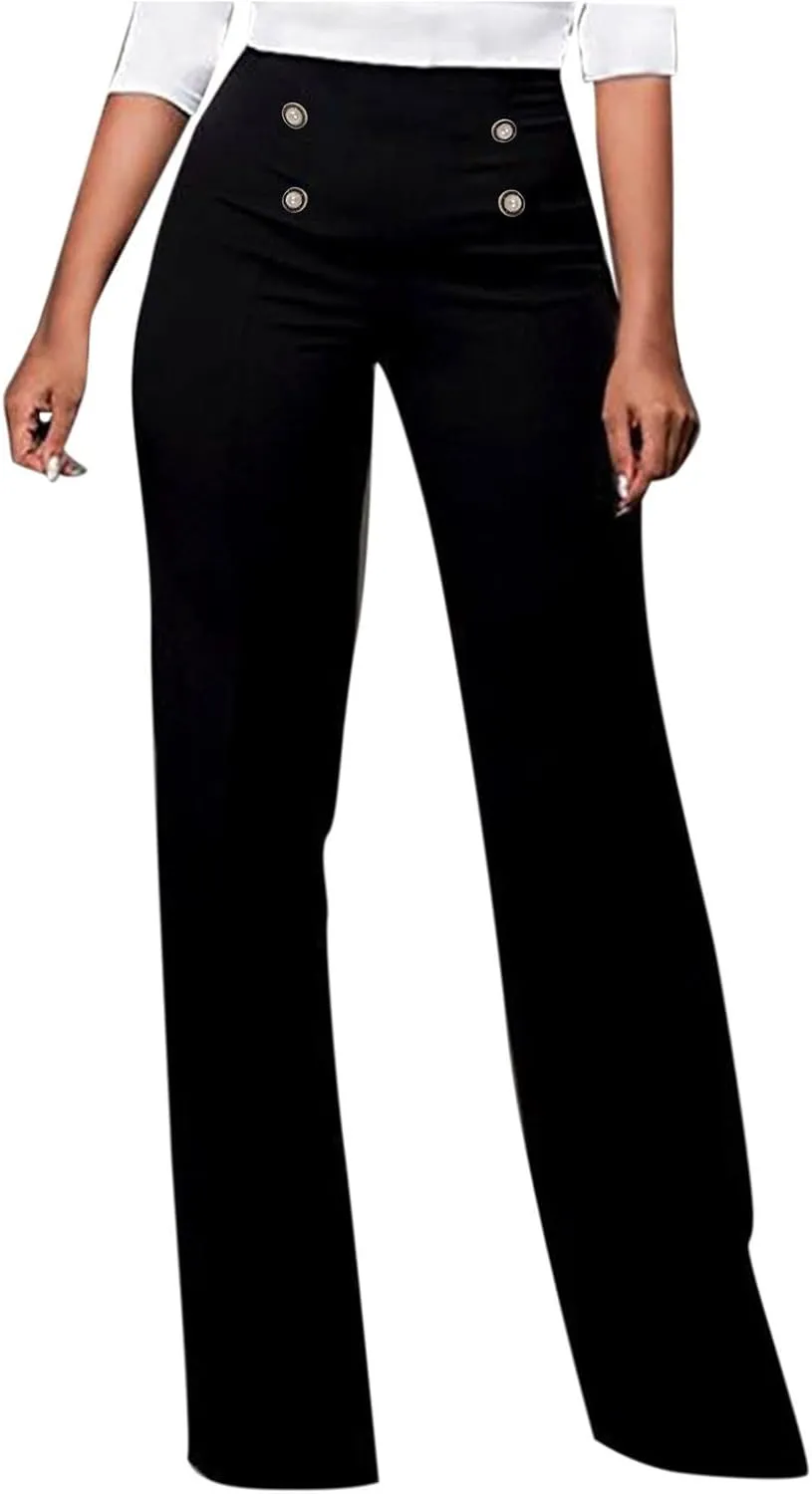 Stylish Elastic High Waist Straight Wide Leg Trousers for Womens Casual Lightweight Solid Color Soft Comfortable Button Pants