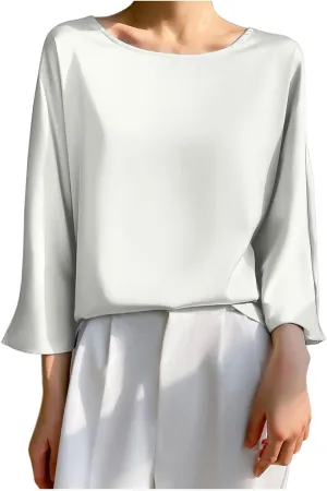 Summer 3/4 Sleeve Tops for Women Round Neck Loose T Shirt Draping Silk Smooth Satin Shirt Tees Dressy Business Blouse