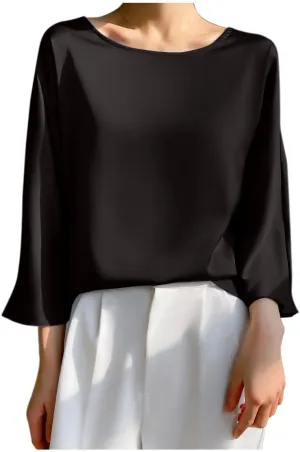 Summer 3/4 Sleeve Tops for Women Round Neck Loose T Shirt Draping Silk Smooth Satin Shirt Tees Dressy Business Blouse