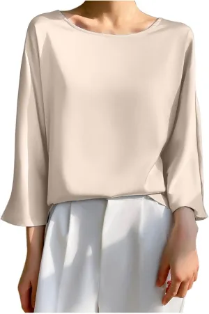 Summer 3/4 Sleeve Tops for Women Round Neck Loose T Shirt Draping Silk Smooth Satin Shirt Tees Dressy Business Blouse
