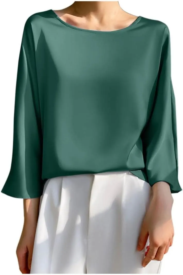 Summer 3/4 Sleeve Tops for Women Round Neck Loose T Shirt Draping Silk Smooth Satin Shirt Tees Dressy Business Blouse